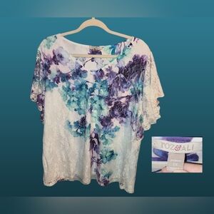 🌺🏵🌸🌼Roz & Ali lacey white top with teal and purple flowers, sz 2x